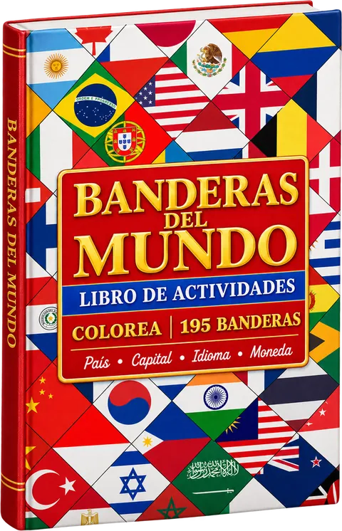 Libro de actividades Banderas del Mundo: portada con banderas de muchos países, 195 banderas para colorear con país, capital, idioma y moneda.