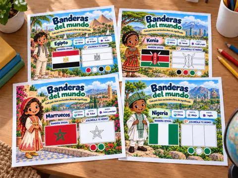 Cuatro páginas de Banderas del mundo: Egipto, Kenia, Marruecos y Nigeria