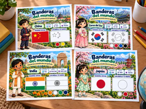 Cuatro páginas de Banderas del mundo: China, Corea del Sur, India y Japón
