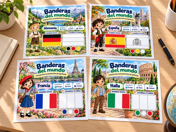 Cuatro páginas de Banderas del mundo: Alemania, España, Francia e Italia