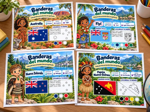 Cuatro páginas de Banderas del mundo: Australia, Fiyi, Nueva Zelanda y Papúa Nueva Guinea
