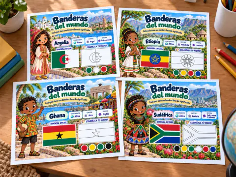 Cuatro páginas de Banderas del mundo: Argelia, Etiopía, Ghana y Sudáfrica