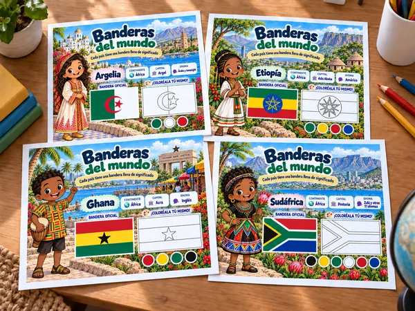 Cuatro páginas de Banderas del mundo: Argelia, Etiopía, Ghana y Sudáfrica