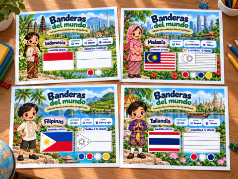 Cuatro páginas de Banderas del mundo: Indonesia, Malasia, Filipinas y Tailandia