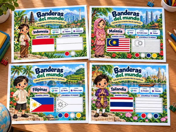 Cuatro páginas de Banderas del mundo: Indonesia, Malasia, Filipinas y Tailandia