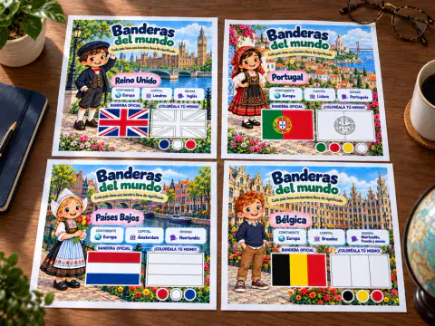 Cuatro páginas de Banderas del mundo: Reino Unido, Portugal, Países Bajos y Bélgica