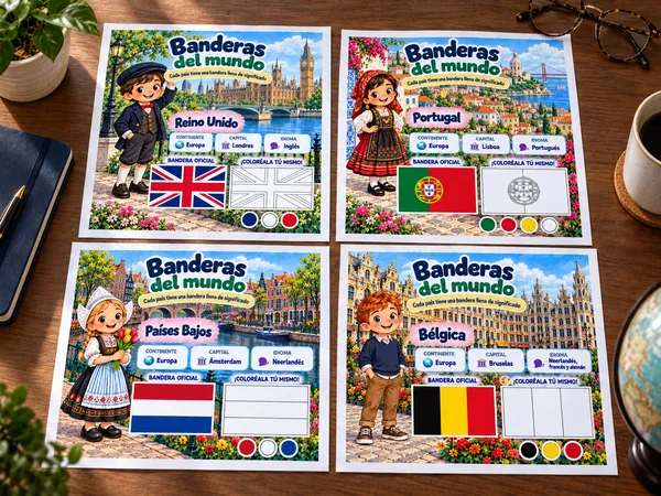 Cuatro páginas de Banderas del mundo: Reino Unido, Portugal, Países Bajos y Bélgica