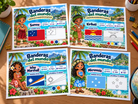 Cuatro páginas de Banderas del mundo: Samoa, Kiribati, Islas Marshall y Micronesia
