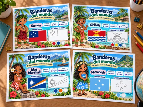 Cuatro páginas de Banderas del mundo: Samoa, Kiribati, Islas Marshall y Micronesia