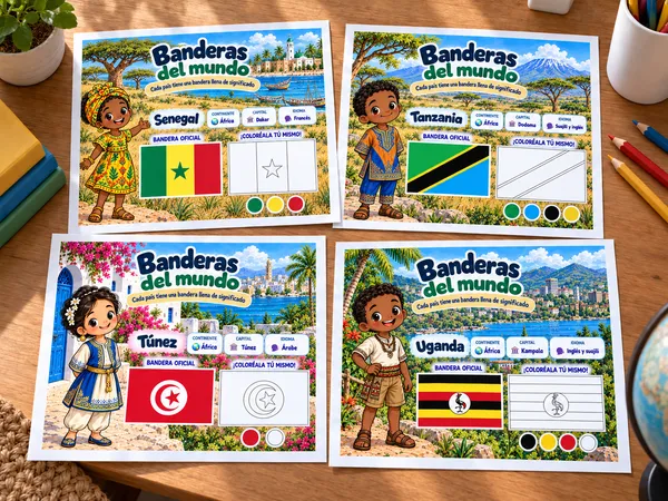 Cuatro páginas de Banderas del mundo: Senegal, Tanzania, Túnez y Uganda