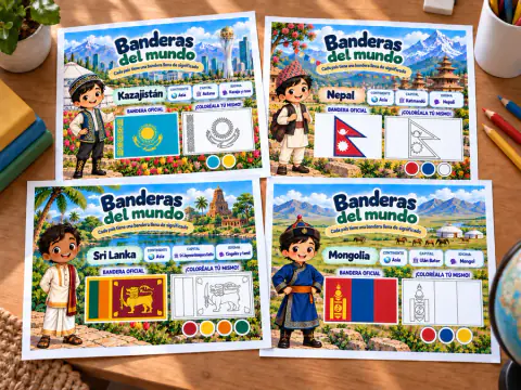 Cuatro páginas de Banderas del mundo: Kazajistán, Nepal, Sri Lanka y Mongolia
