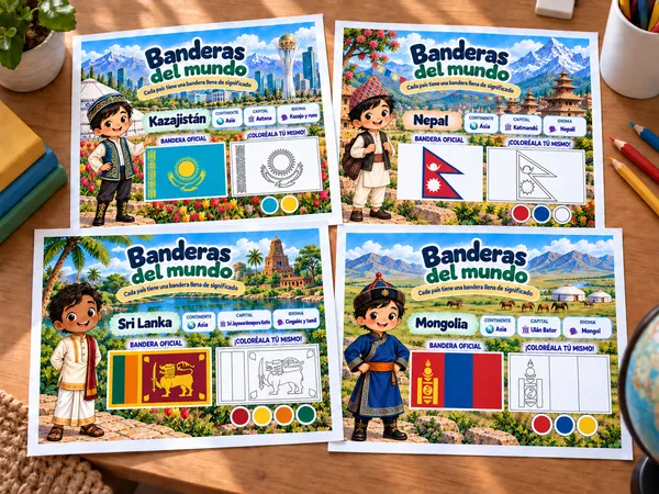 Cuatro páginas de Banderas del mundo: Kazajistán, Nepal, Sri Lanka y Mongolia