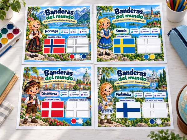 Cuatro páginas de Banderas del mundo: Noruega, Suecia, Dinamarca y Finlandia