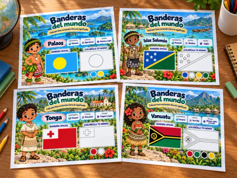 Cuatro páginas de Banderas del mundo: Palaos, Islas Salomón, Tonga y Vanuatu