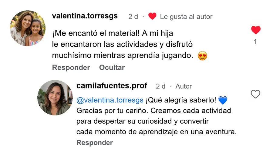 Comentario de una madre: a su hija le encantaron las actividades y disfrutó mucho mientras aprendía jugando