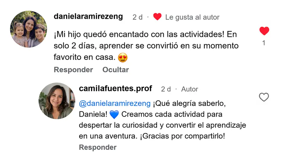 Comentario de una madre: su hijo quedó encantado con las actividades y aprender se convirtió en su momento favorito